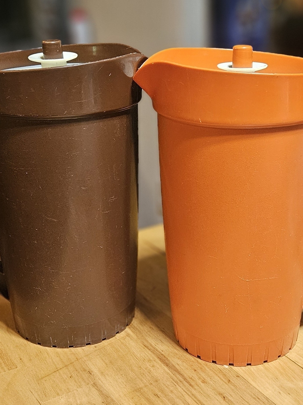 Vintage Tupperware Plastic Pitcher Pair in Brown and Orange